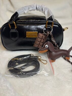 Black Patent Satchel with Gold Plaque and Brown Dachshund Charm